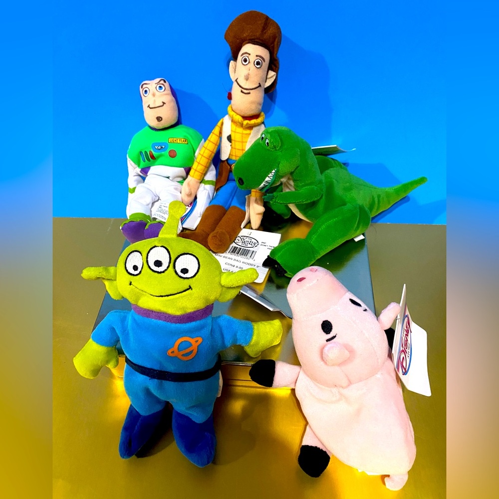 DISNEY STORE NWT VTG 1990s ORIGINAL TOY STORY BEAN BAG PLUSH COMPLETE SET OF 5